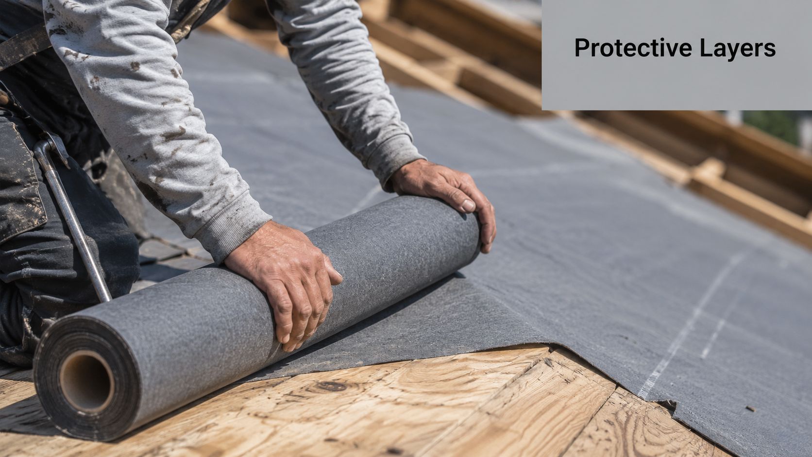 A construction worker rolls out black underlayment protective paper over plywood sheathing on a roof project.
