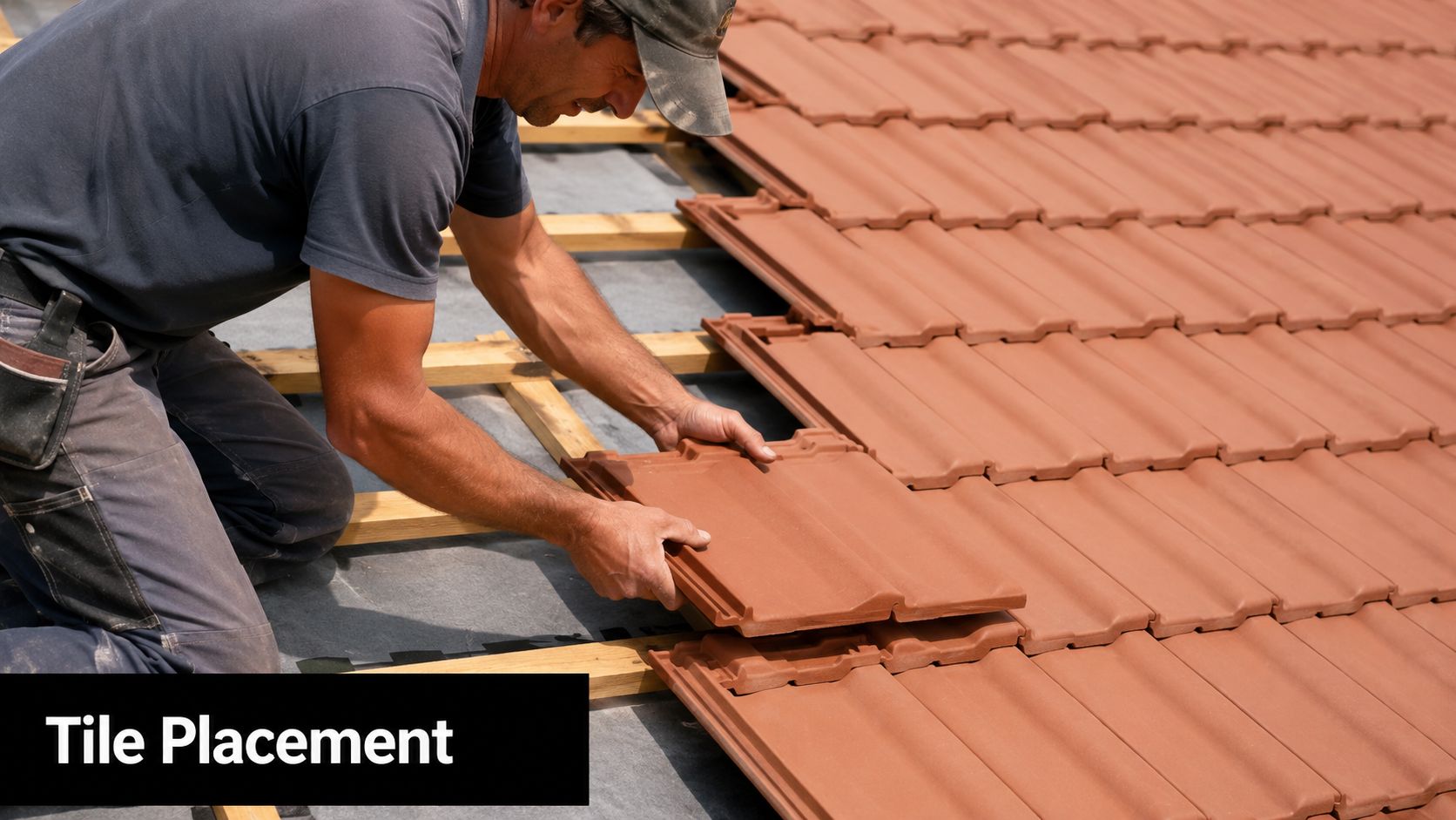 A professional roofer kneeling on a wooden roof structure while carefully placing red clay roof tiles.