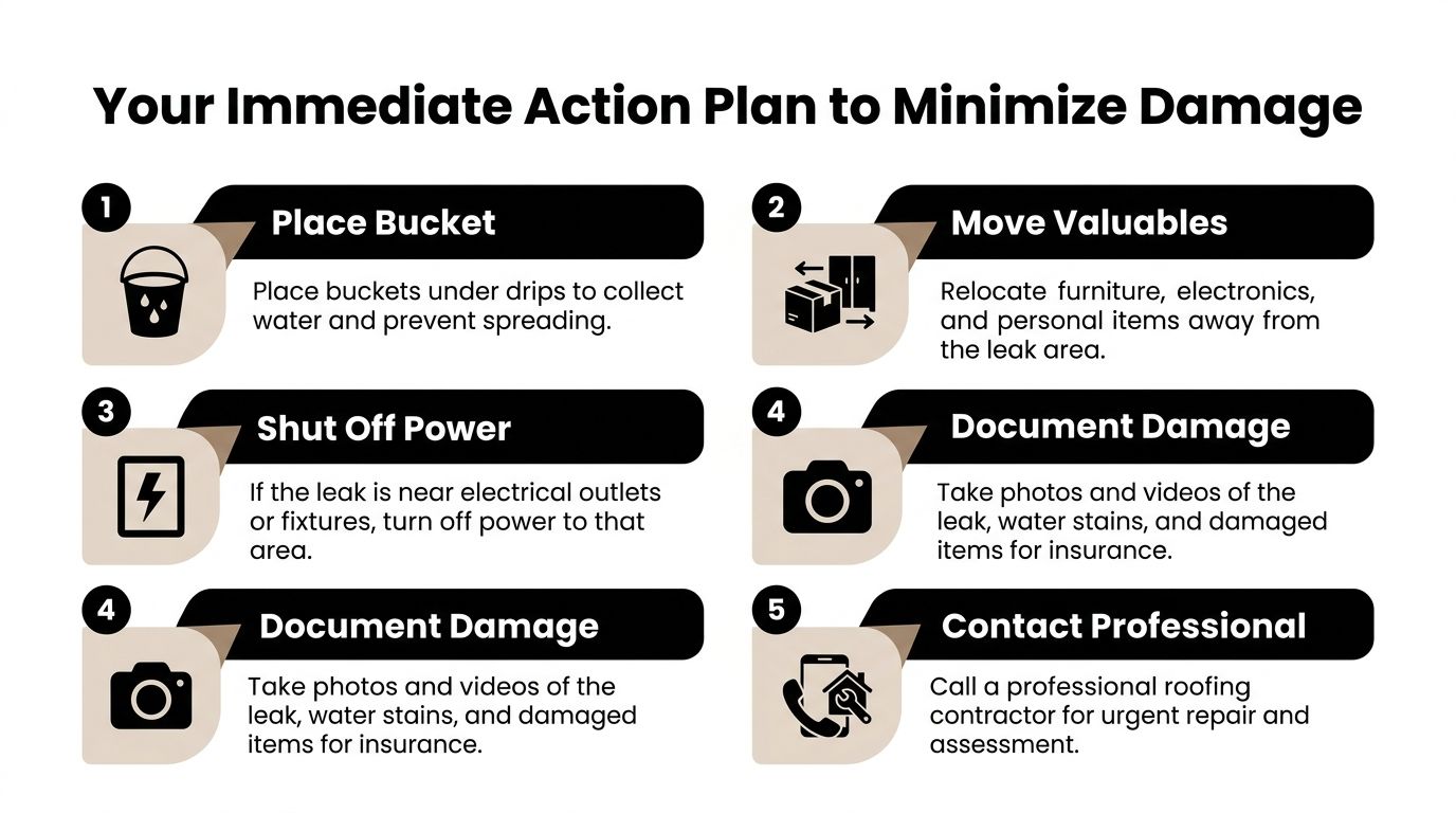 A five-step guide on an infographic showing immediate actions to take for minimizing roof leak damage.