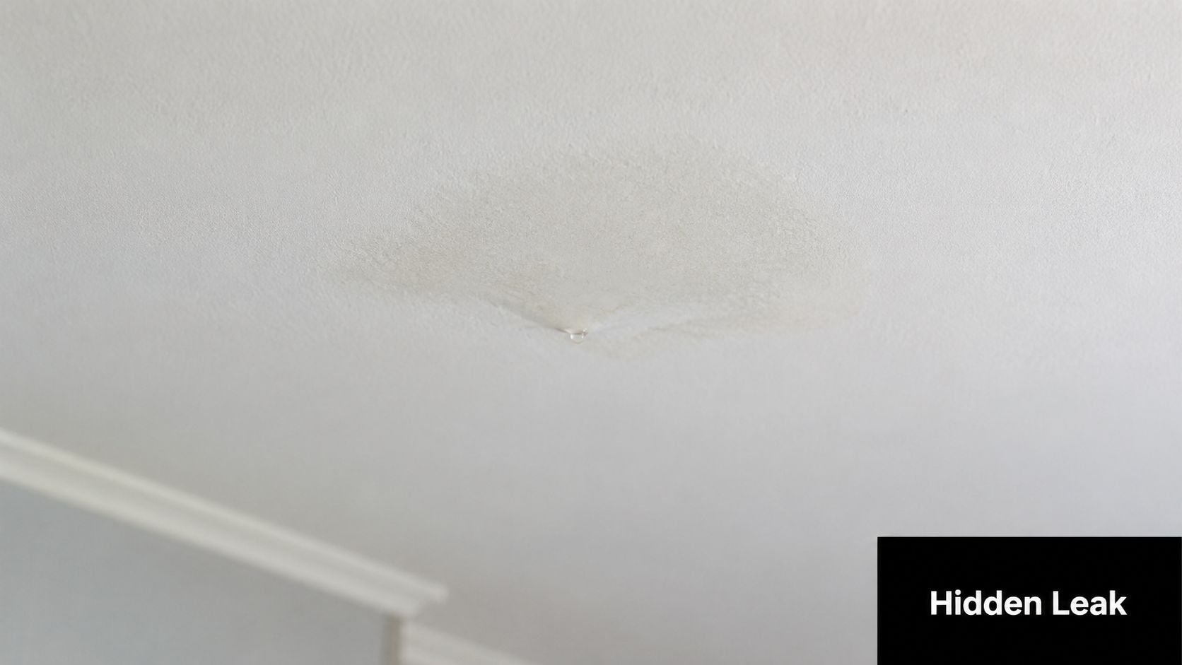 A water stain on a white ceiling with a single droplet forming from a hidden roof leak.