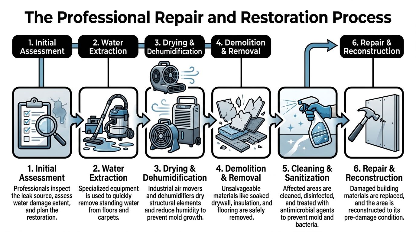 A six-step infographic illustrating the professional process for water damage repair and building restoration.