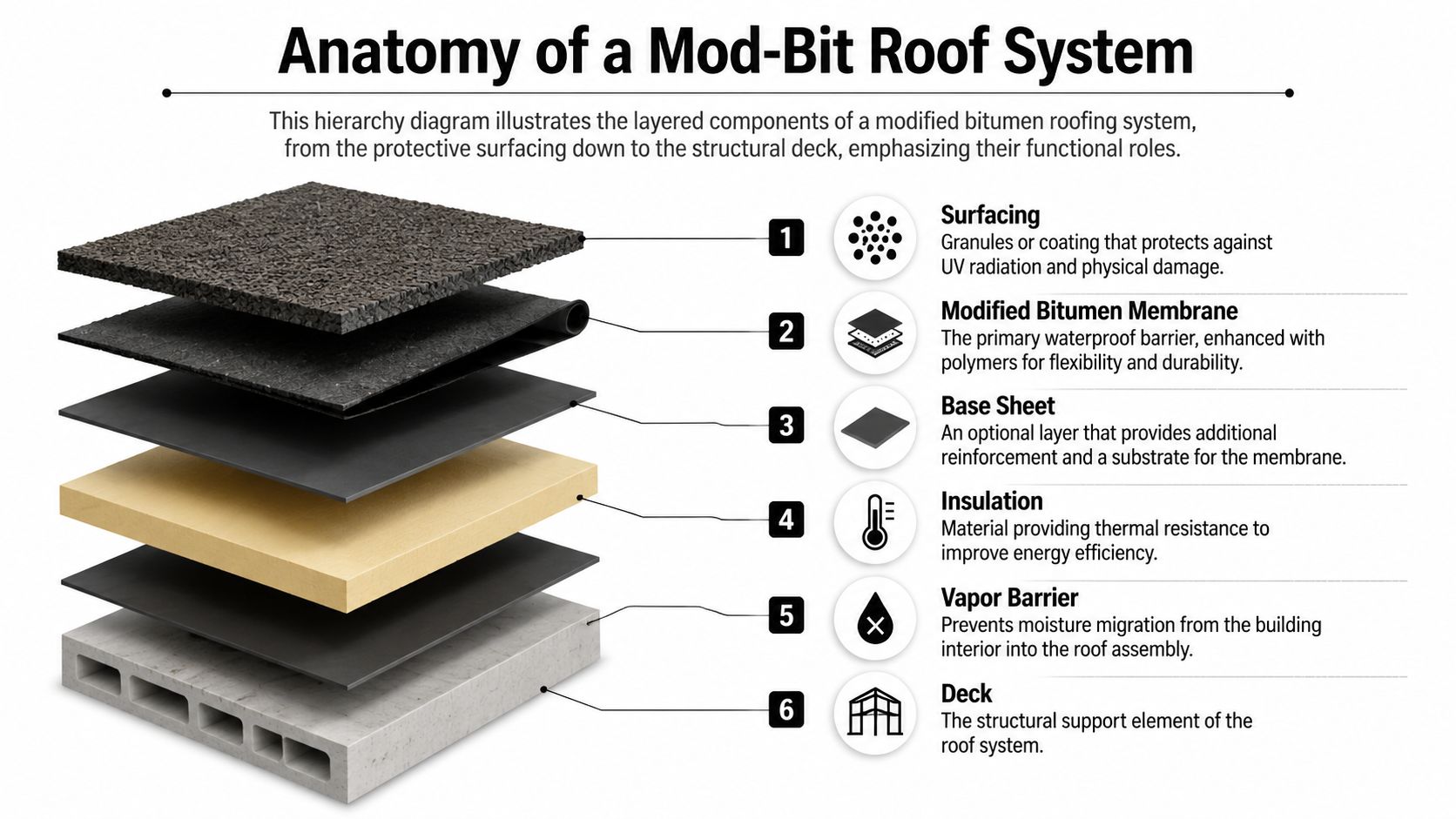 A diagram showing the six layered components of a modified bitumen roof system from top to bottom.