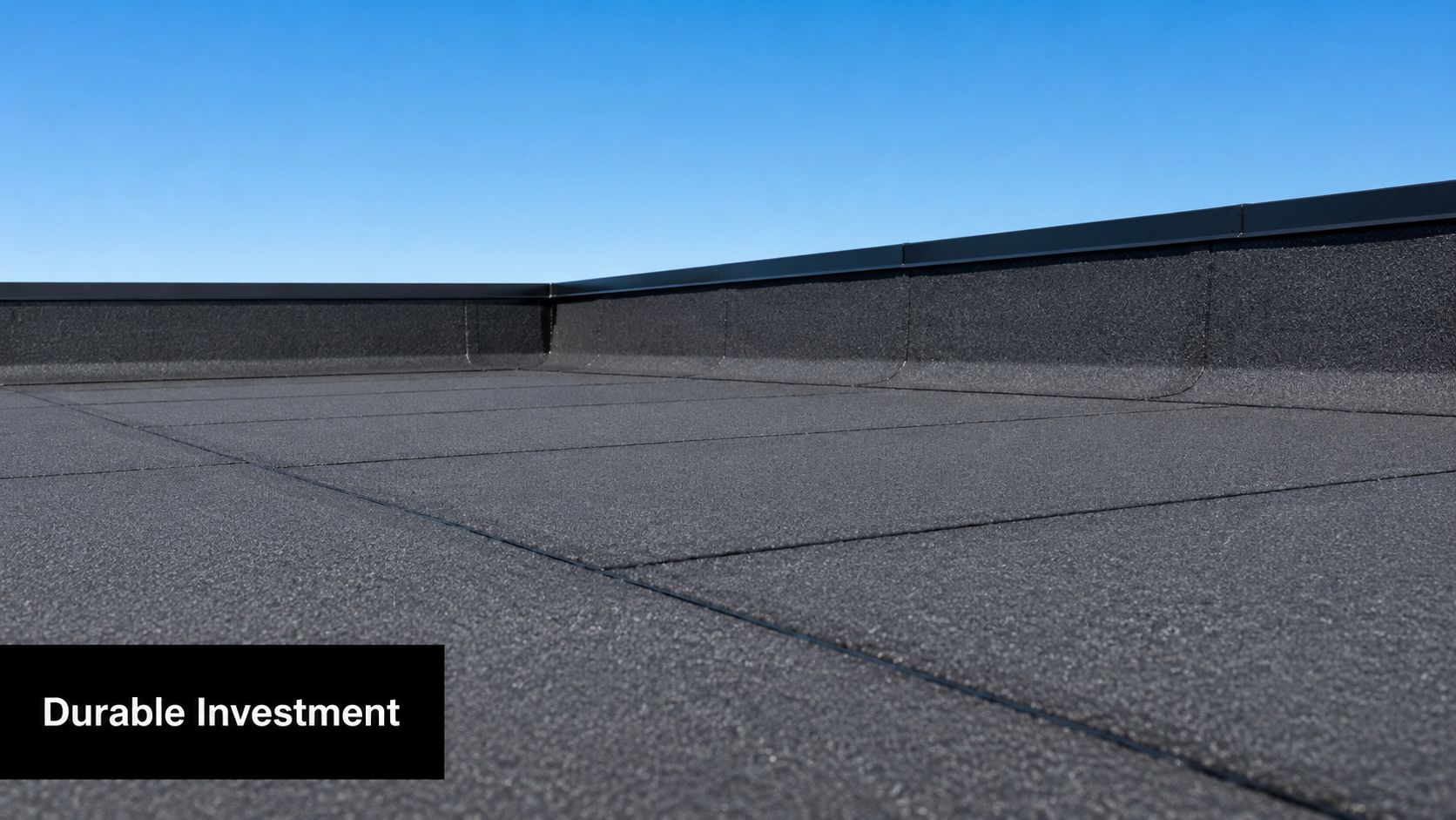 A close-up view of a professionally installed flat modified bitumen roof against a clear blue sky.