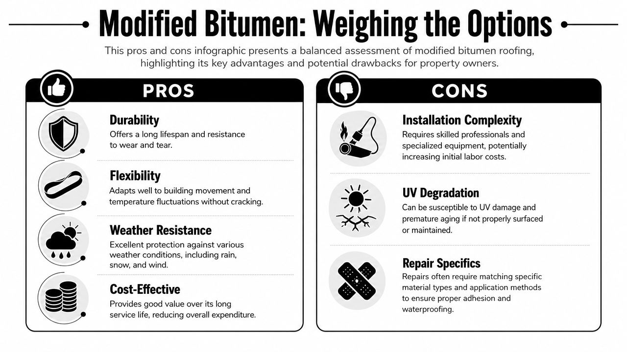 An infographic titled Modified Bitumen Weighing the Options displaying the pros and cons of this roofing material.