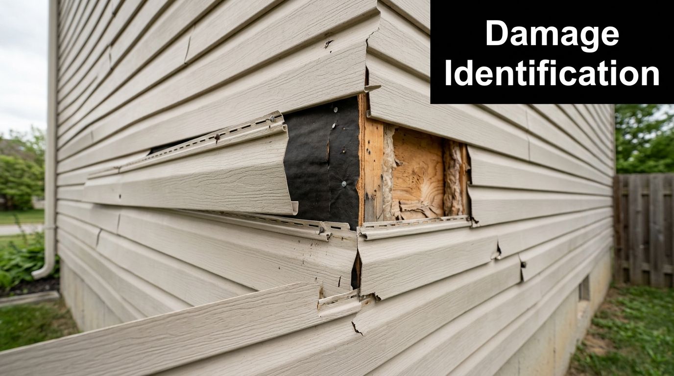 A close up view of a residential building exterior showing missing and detached sections of vinyl siding.