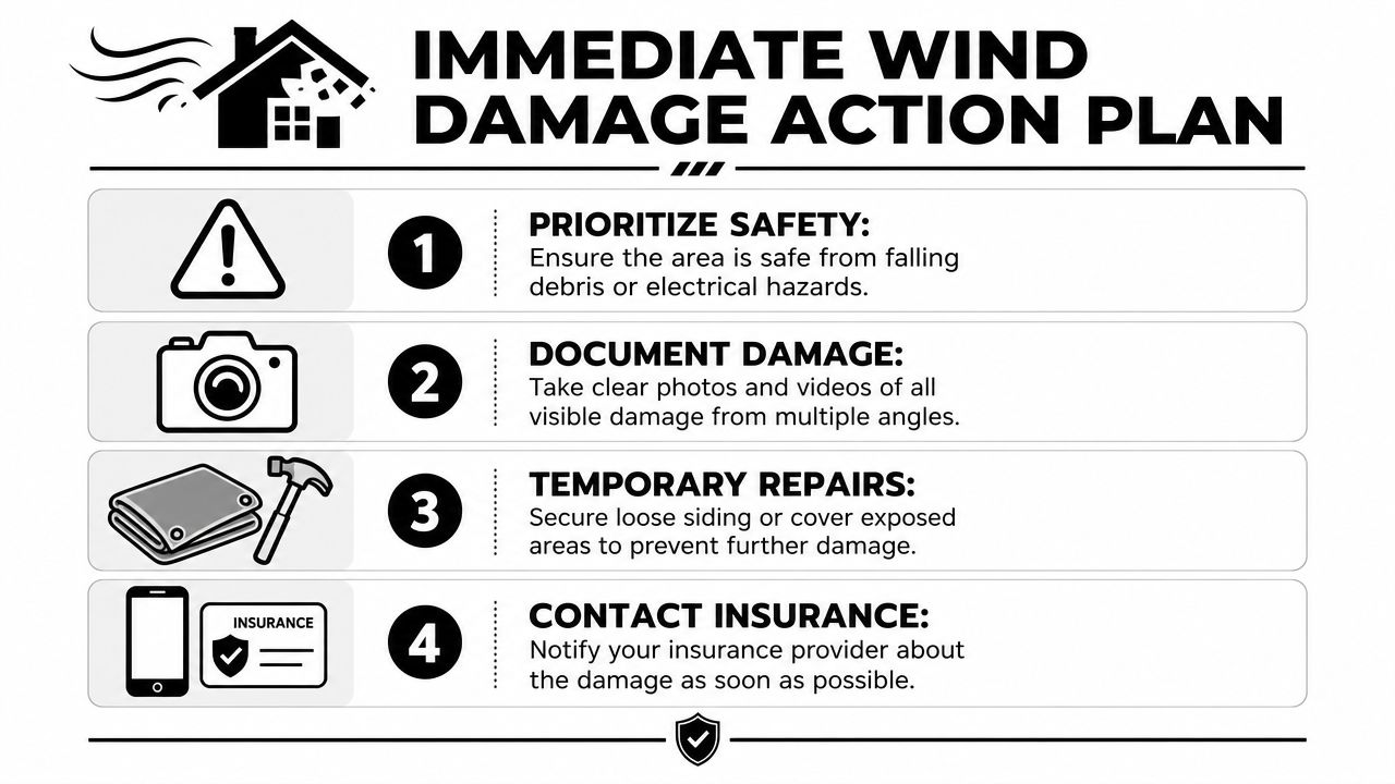 A four-step action plan for homeowners to follow immediately after experiencing wind damage to their property.