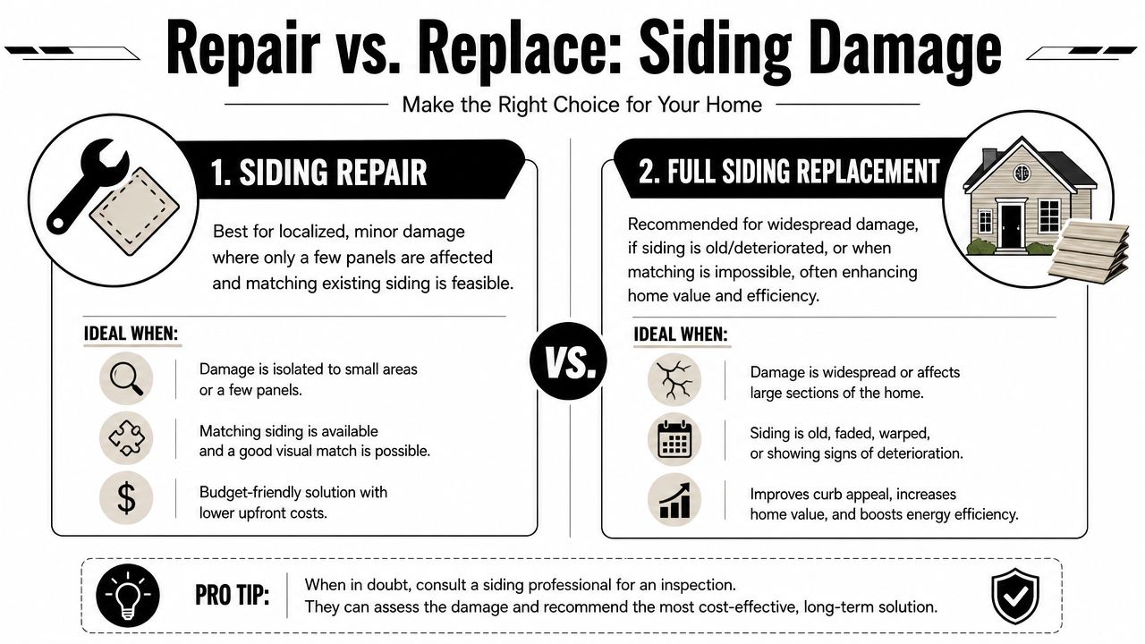 An infographic comparing siding repair and full siding replacement to help homeowners make informed home maintenance decisions.